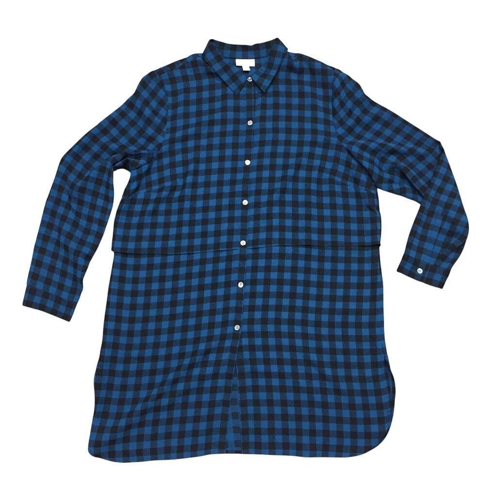 J. Jill Blue Black Buffalo Plaid Tunic Shirt Dress Large Button Up Long Sleeve